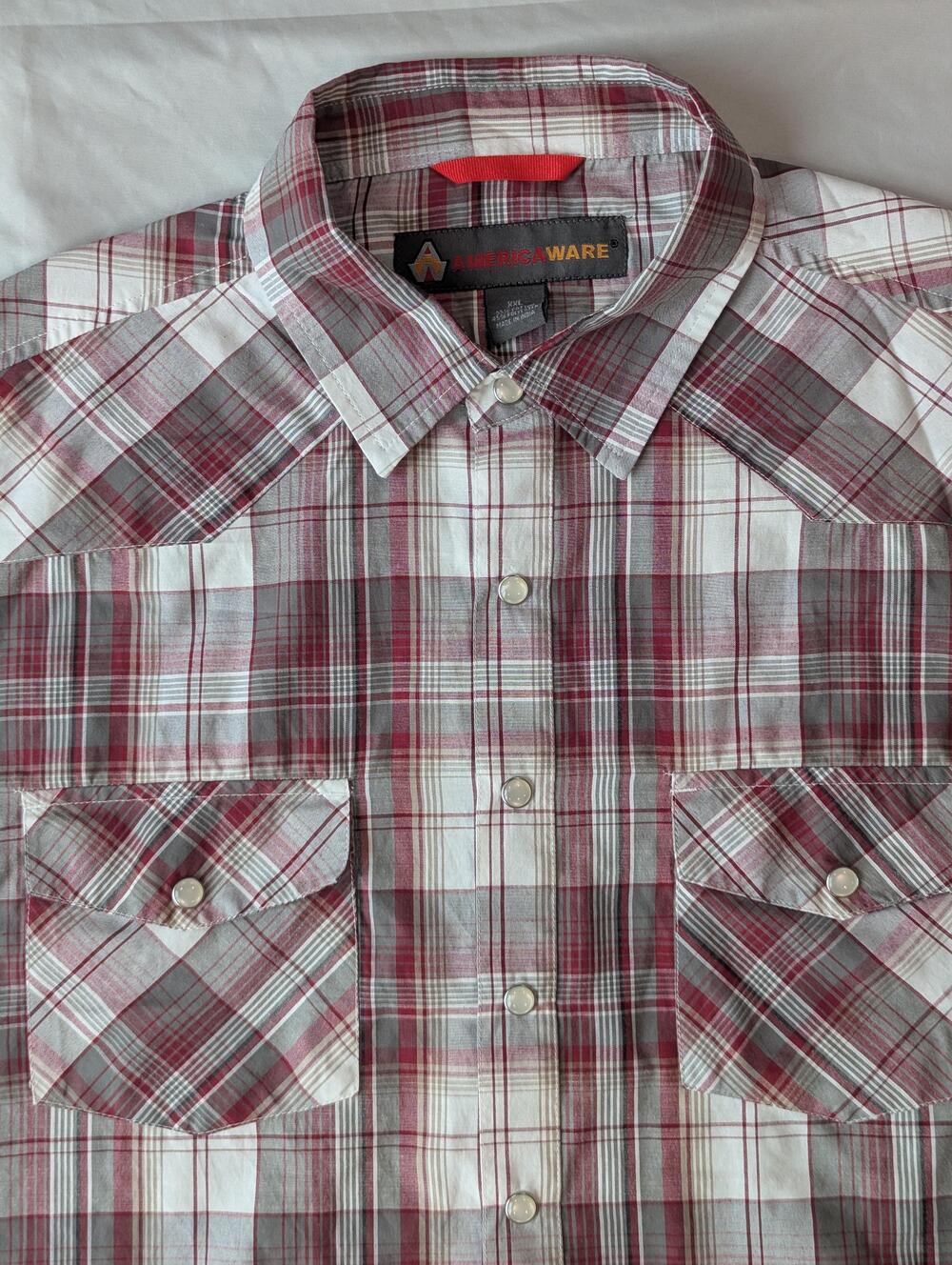 Americaware Shirt Mens 2XL Red Plaid Short Sleeve Western Snap Pockets Cotton